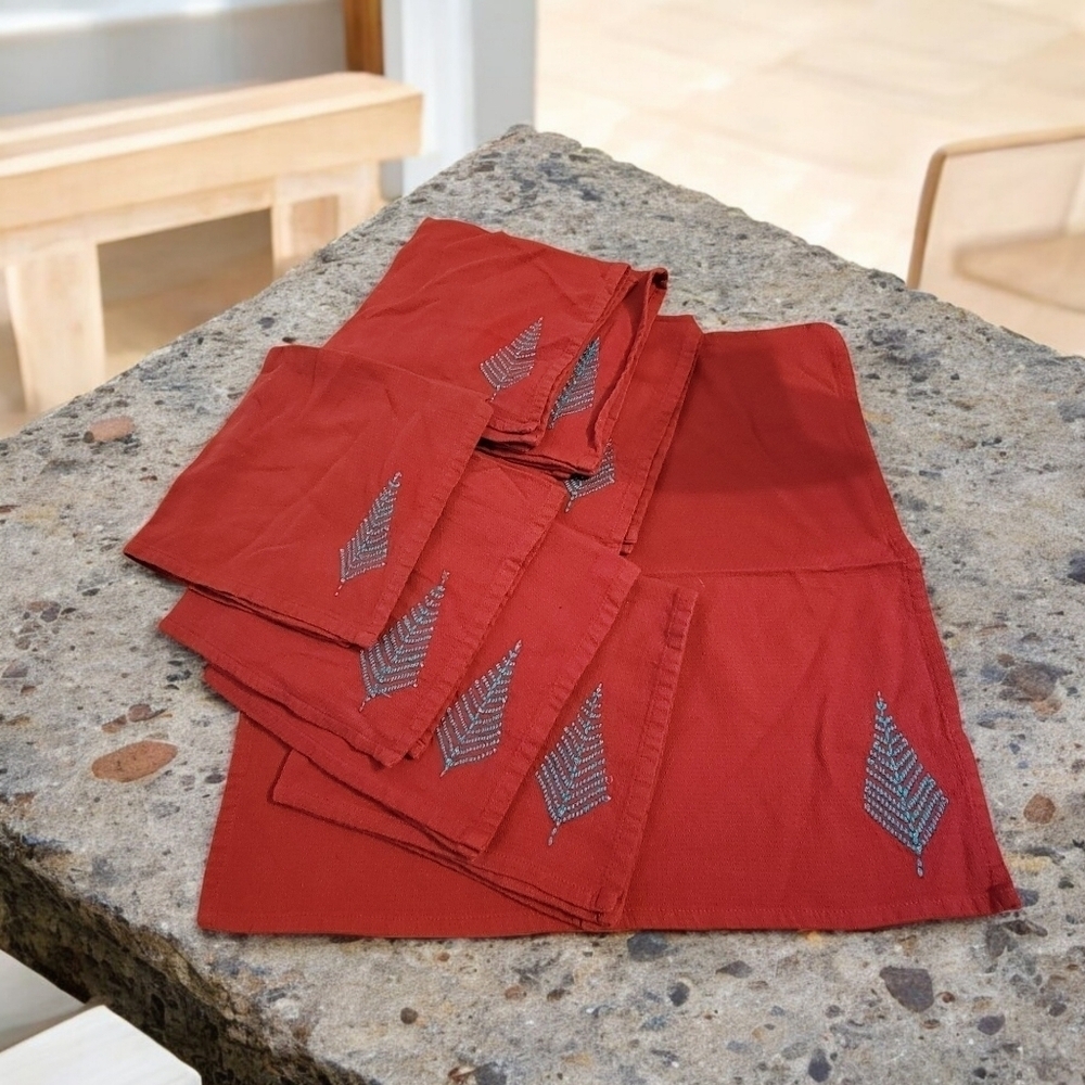 8 Red Embroidered Christmas Tree Napkins with beads 18" x 20"